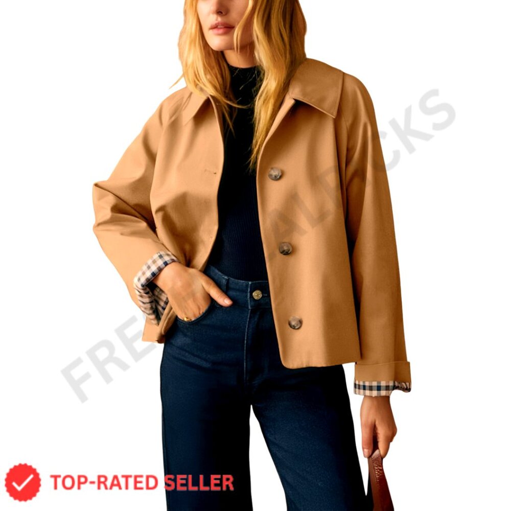 Cropped Trench Coat Oversized Classic Collar Checkered Lining Casual Jacket